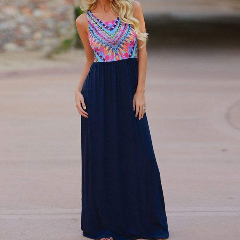 Sexy Sleeveless Flower Print Chiffon Long Dresaxi Casual Beach Dresses Y8 J4U66