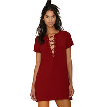 sexy women dress tie up criss solid o neck short sleeves casual dress bandage mini party dress vestidos J4U66