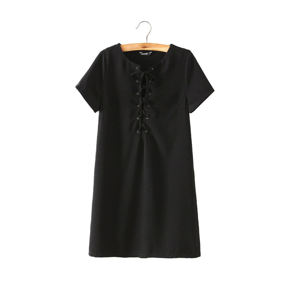sexy women dress tie up criss solid o neck short sleeves casual dress bandage mini party dress vestidos J4U66