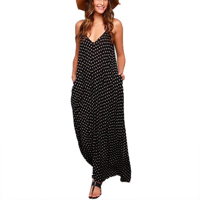 Sexy Women V Neck Polka Dot Beach Long Dress Loose Party Club Maxi Dresses Vestidos J4U66