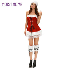 sexy women velvet christmas dress set slash sleeveless santa claus costume 3pcs set tee dress outfit mini dress hat boot cover J4U66
