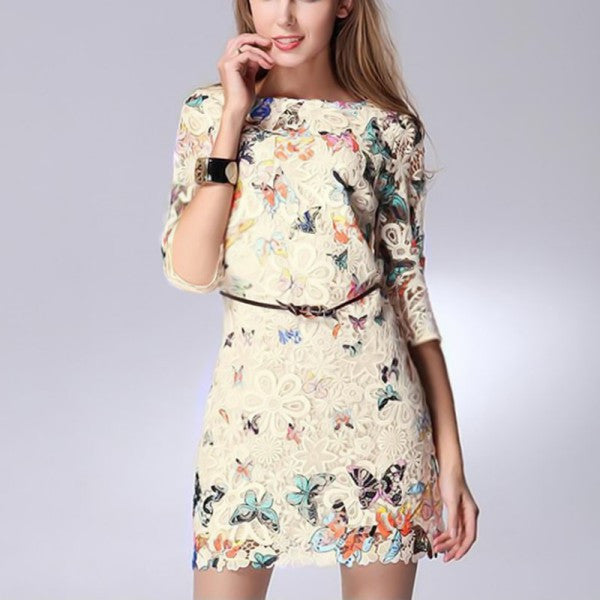 Sexy Women's Crewneck Floral Butterfly Lace Causal Short Mini Party Dress J4U66