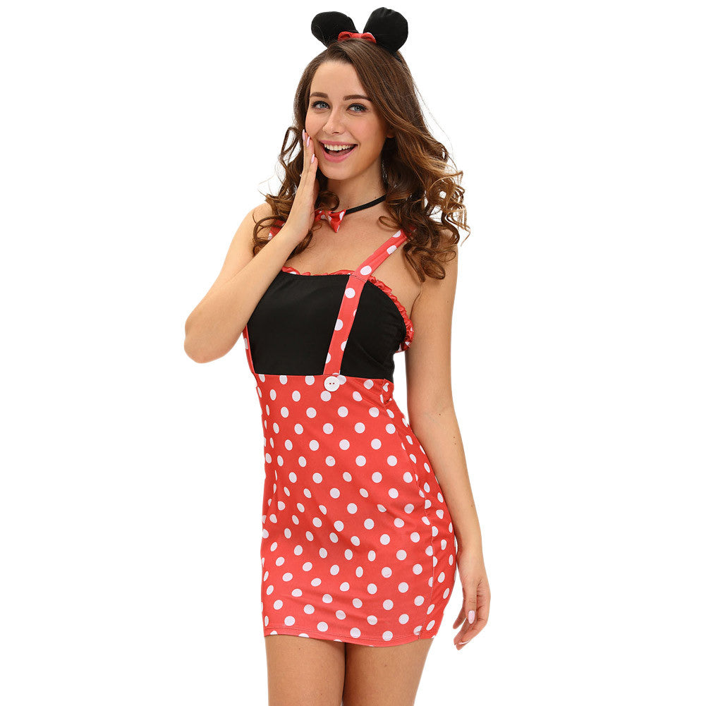 sexy womens funny 4pcs set halloween costume dot print sleeveless mini bodycon dress gloves choker hairpin bunny cosplay clothes J4U66