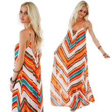 Sexy Womens Loose Striped Long Maxi Boho Evening Party Dress Chiffon Beach Dresses J4U66