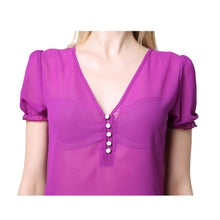 sheerchiffon shirt women blouse deep v neck button front women tops short lantern sleeve blusas purple J4U66