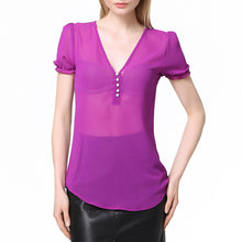 sheerchiffon shirt women blouse deep v neck button front women tops short lantern sleeve blusas purple J4U66