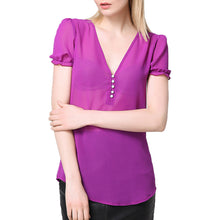sheerchiffon shirt women blouse deep v neck button front women tops short lantern sleeve blusas purple J4U66
