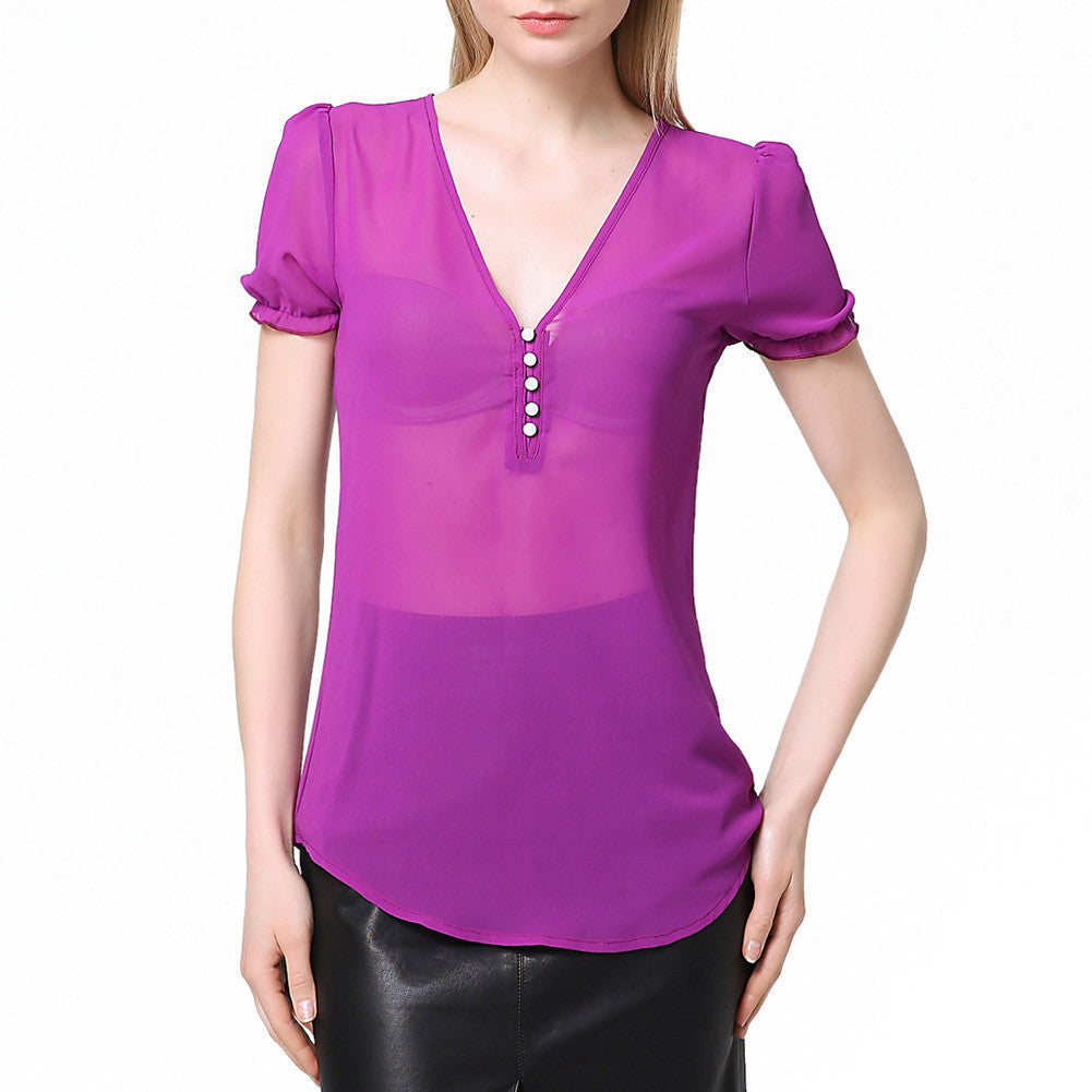 sheerchiffon shirt women blouse deep v neck button front women tops short lantern sleeve blusas purple J4U66
