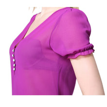 sheerchiffon shirt women blouse deep v neck button front women tops short lantern sleeve blusas purple J4U66