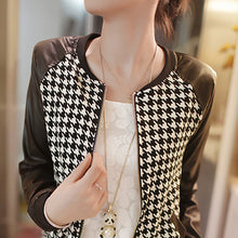short pu leather patchwork o neck jacket women long sleeves thin coat outerwear houndstooth pattern plus size J4U66