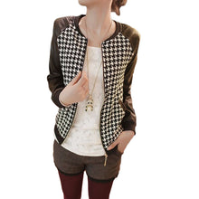 short pu leather patchwork o neck jacket women long sleeves thin coat outerwear houndstooth pattern plus size J4U66