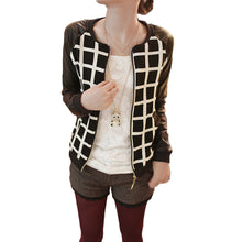 short pu leather patchwork o neck jacket women long sleeves thin coat outerwear houndstooth pattern plus size J4U66
