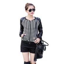 short pu leather patchwork o neck jacket women long sleeves thin coat outerwear houndstooth pattern plus size J4U66