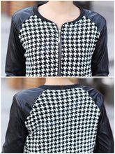 short pu leather patchwork o neck jacket women long sleeves thin coat outerwear houndstooth pattern plus size J4U66