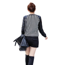 short pu leather patchwork o neck jacket women long sleeves thin coat outerwear houndstooth pattern plus size J4U66