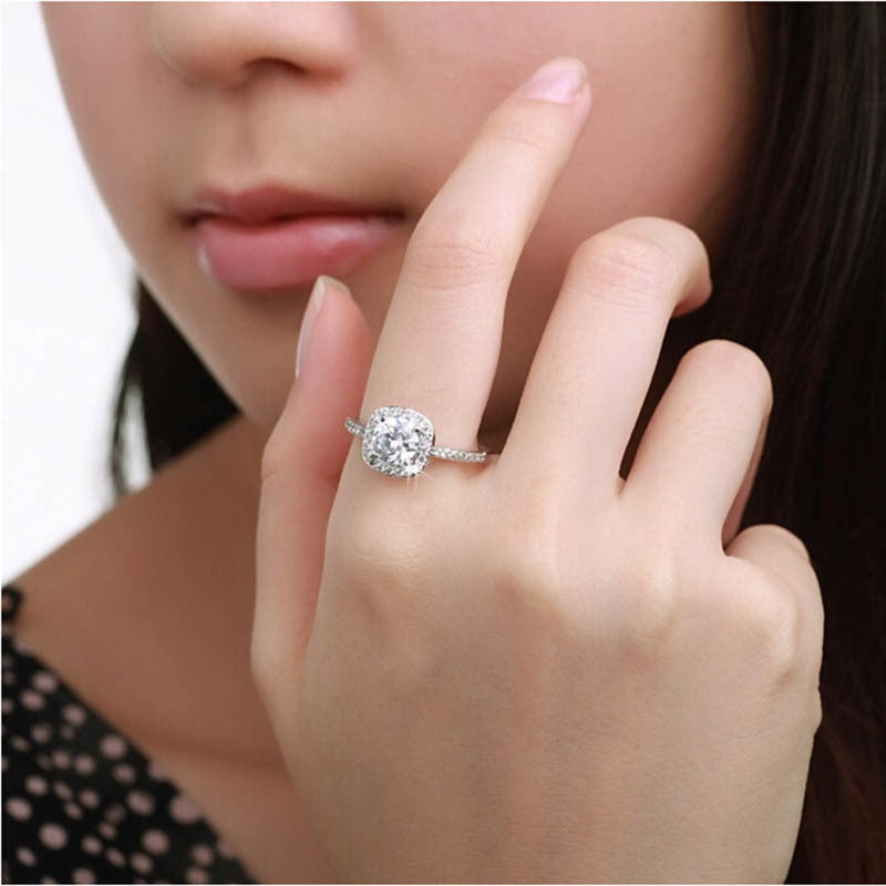 Silver Wedding Ring Plated Elegant Round Square Jewelry Women Engagement Ring J4U66