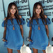 Slash Neck Woman Dress  Blue Off The Shoulder Flounce Pockets Casual Straight Mini Dress J4U66