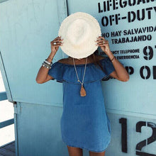 Slash Neck Woman Dress  Blue Off The Shoulder Flounce Pockets Casual Straight Mini Dress J4U66