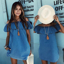 Slash Neck Woman Dress  Blue Off The Shoulder Flounce Pockets Casual Straight Mini Dress J4U66
