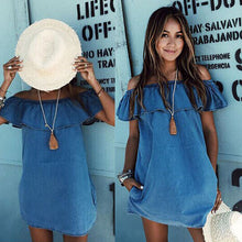 Slash Neck Woman Dress  Blue Off The Shoulder Flounce Pockets Casual Straight Mini Dress J4U66