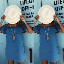 Slash Neck Woman Dress  Blue Off The Shoulder Flounce Pockets Casual Straight Mini Dress J4U66