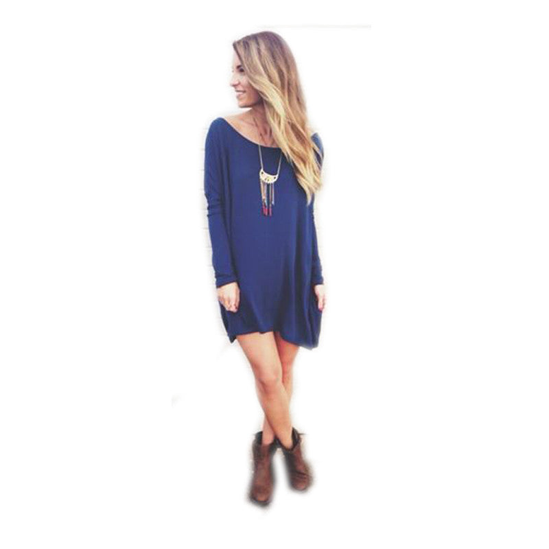 Solid Color Women Girl Casual Dress Cotton Blend Long Sleeve Loose Shirt Dress Blue  J4U66