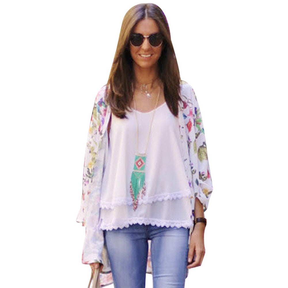 Spain Women chiffon kimono cardigan Regular Floral print blouse/mujer ropa camisas femininas J4U66