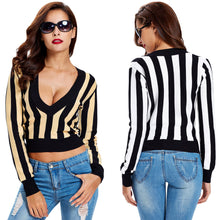 women sweaters pullovers deep v neck crop tops striped long sleeve knitted sweater outwear roupas femininas J4U66
