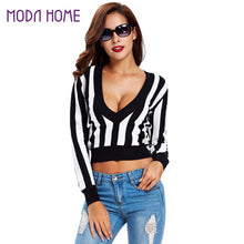 women sweaters pullovers deep v neck crop tops striped long sleeve knitted sweater outwear roupas femininas J4U66