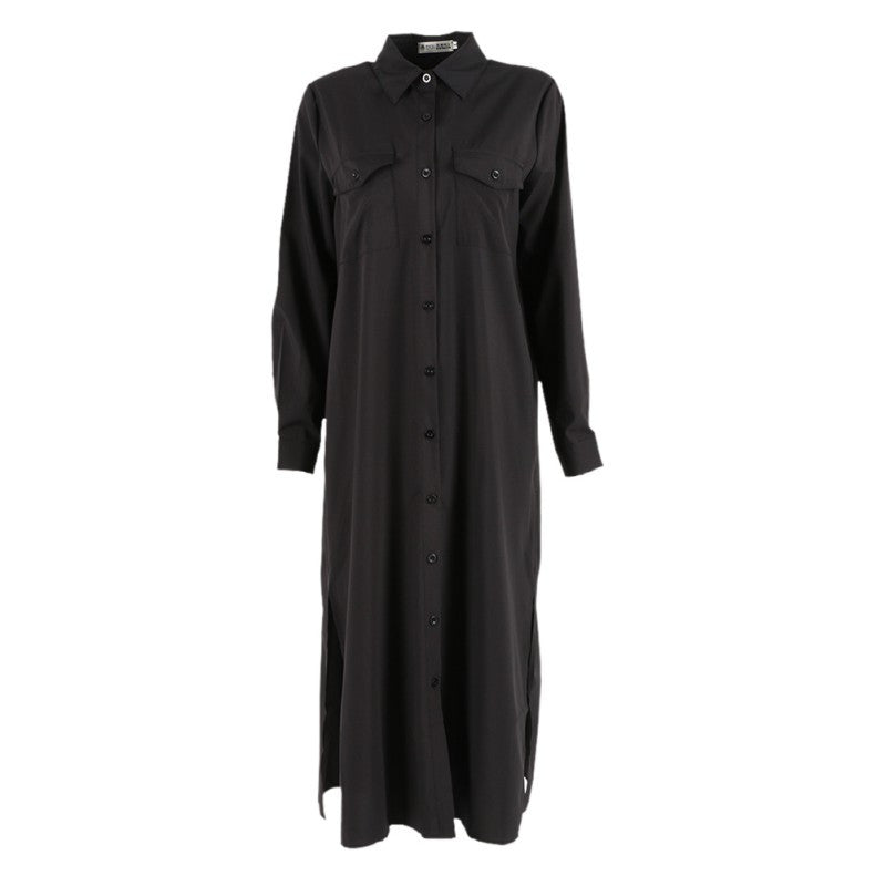 Women Chiffon Dress Single Breasted Lapel Tops Casual Loose Long Sleeve Dresses Robe Femme J4U66