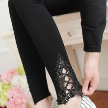 Women Cozy Modal Cotton Knitted Leggings Lace Print Flower Hollow Out Stretch Pants J4U66