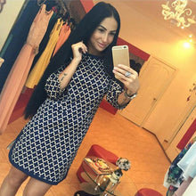Women's Plaid Cross Straight Casual Dress O-Neck 3/4 Sleeve Above Knee Mini Dresses Vestidos J4U66
