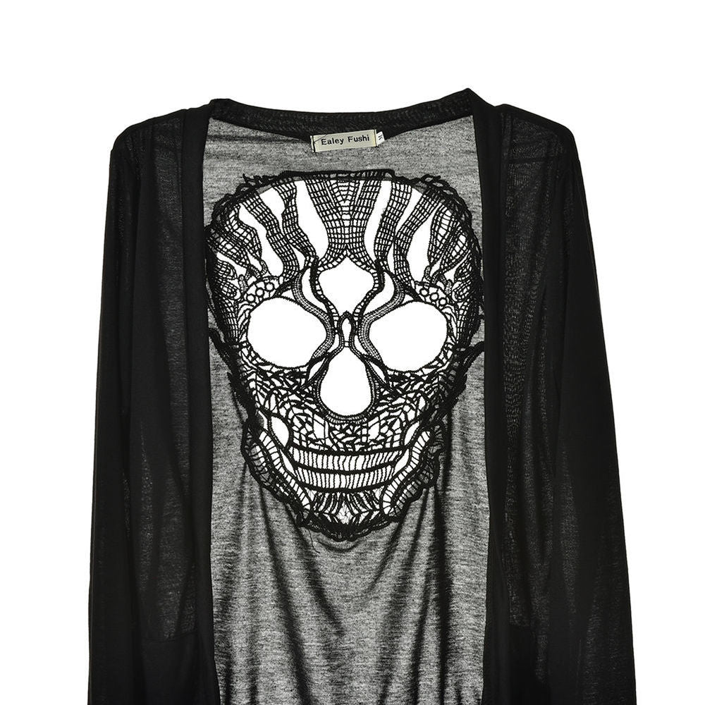 Long Sleeve Hollow Oversized Skull Pattern Cardigan Women Blouse Sexy Backless Crochet Lace Long Cardigans Jacket J4U66