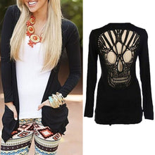Long Sleeve Hollow Oversized Skull Pattern Cardigan Women Blouse Sexy Backless Crochet Lace Long Cardigans Jacket J4U66