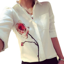 Rose Flower Printed Long Sleeve Blouse Women Turn Down Collar Chiffon Shirts White Big Size Women Office Shirt J4U66