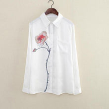 Rose Flower Printed Long Sleeve Blouse Women Turn Down Collar Chiffon Shirts White Big Size Women Office Shirt J4U66