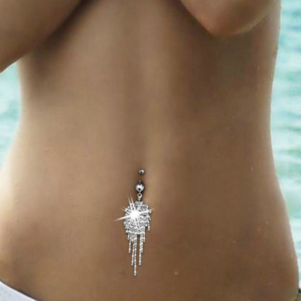 Stainless Steel Tassel Navel Piercing Crystal Rhinestone Dangle Belly Button Ring Body Chian J4U66