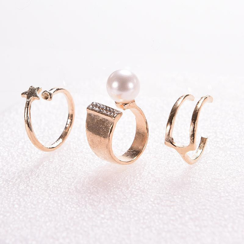 Star Kunckle Rings Finger Rings For Women Jewelry Accessories Gold Sliver 3Pcs  Big Simulated Pearl Rings Set J4U66