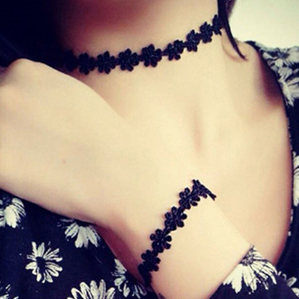 statement choker necklace bracelet black daisy flower lace jewelry set with extended chain women accessories J4U66