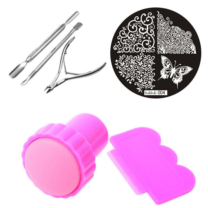 Steel Nail Cuticle Spoon Pusher Remover Cutter Nipper Clipper Set+Nail Art Image Stamp Stamping Plates+Stamping Stamp Tools J4U66
