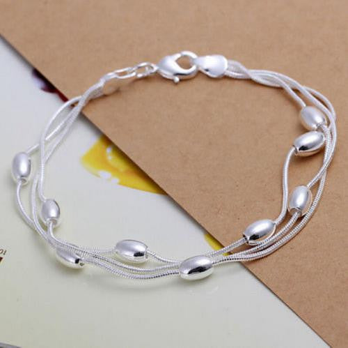 Sterling Silver Hollow Three-wire Light Bead Bracelet / Bangle  Jewelry J4U66