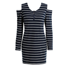 striped dress sexy women dress cut out cold shoulder o neck long sleeve ladies vintage dress vestido de festa J4U66