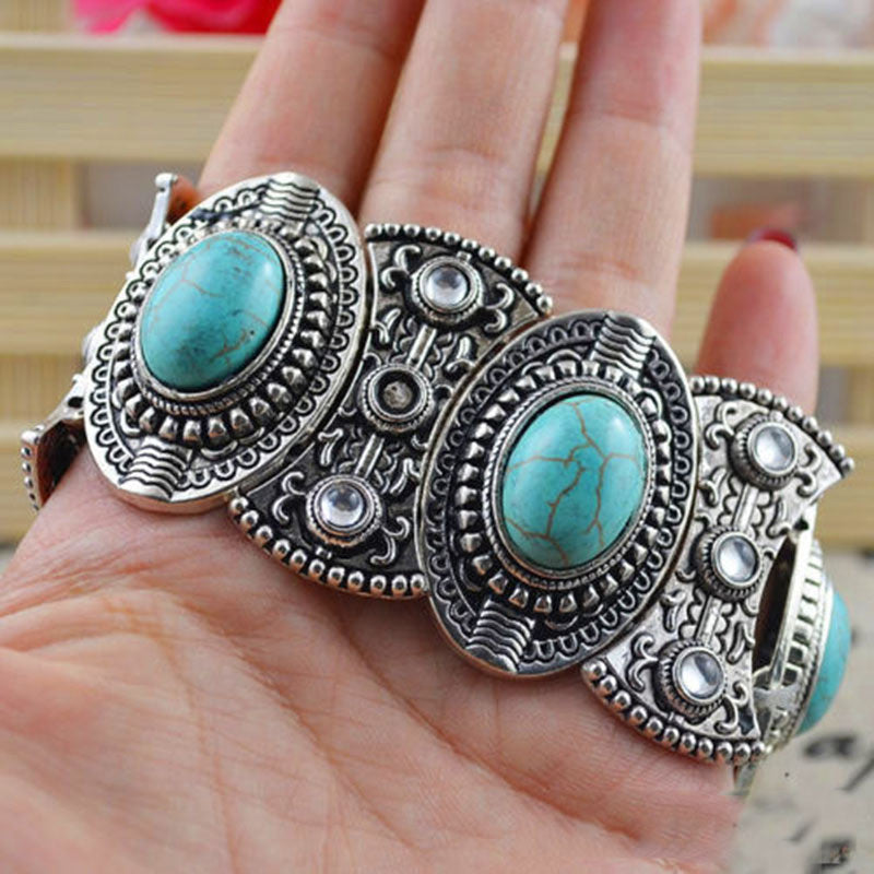 Stylish Boho Womens Retro Vintage Natural Turquoise Tibetan Silver Bracelet Cuff Women Bangles  Women Jewelry J4U66