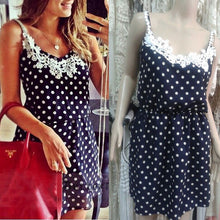 Stylish Sexy Women Strap Dress Polka Dots Blue Mini Dress Lace Chiffon Sundress  J4U66