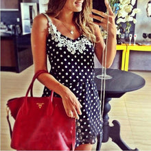Stylish Sexy Women Strap Dress Polka Dots Blue Mini Dress Lace Chiffon Sundress  J4U66