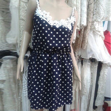 Stylish Sexy Women Strap Dress Polka Dots Blue Mini Dress Lace Chiffon Sundress  J4U66