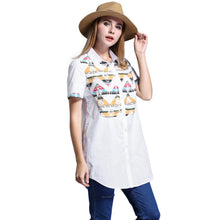 blusa feminina long women blouse plus size geometric pattern women shirt buttons short sleeve asymmetrical hem casual top J4U66