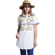 blusa feminina long women blouse plus size geometric pattern women shirt buttons short sleeve asymmetrical hem casual top J4U66