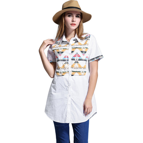 blusa feminina long women blouse plus size geometric pattern women shirt buttons short sleeve asymmetrical hem casual top J4U66