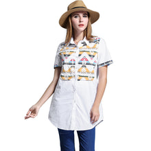 blusa feminina long women blouse plus size geometric pattern women shirt buttons short sleeve asymmetrical hem casual top J4U66